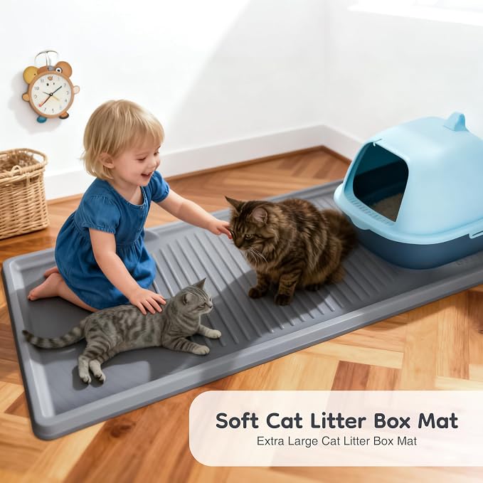 ISSEVE Cat Litter Mat 54" x 27.5" XXL, Extra Large Silicone Mat for Litter Box, 1.38" Raised Edge Urine Proof Litter Trapping Mat Pad for Scatter Control, Soft on Kitty Paws, Protect Floor (Dark Grey)