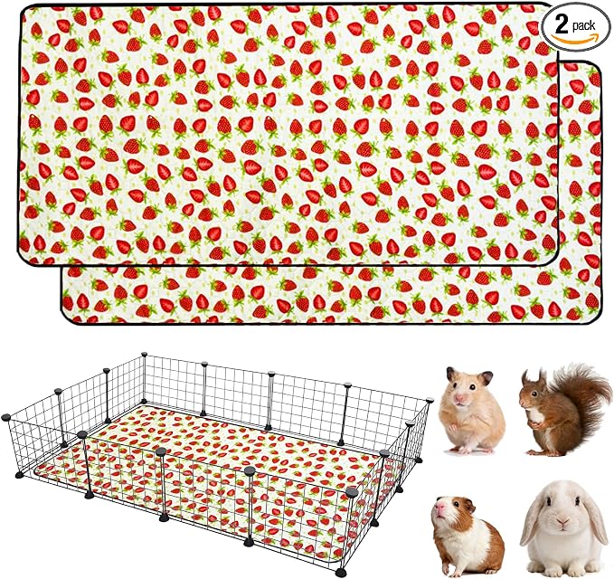 2 Pack Guinea Pig Cage Liners, 36"x 48" Washable Waterproof Bedding for Rabbit, Bunny, Hamster & Small Animals, Reusable Super Absorbent Pee Pads for C&C Cage, Strawberry Print
