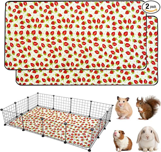 2 Pack Guinea Pig Cage Liners, 36"x 48" Washable Waterproof Bedding for Rabbit, Bunny, Hamster & Small Animals, Reusable Super Absorbent Pee Pads for C&C Cage, Strawberry Print