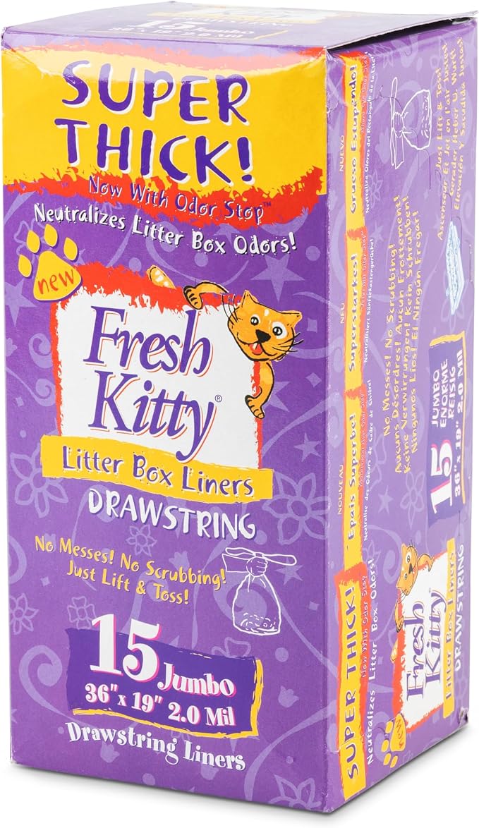 15 Count Fresh Kitty Litter Box Liners Super Thick, Durable, Easy Clean Up Jumbo Drawstring Scented Litter Pan Box Liners, Bags for Pet Cats (Pack of 3)
