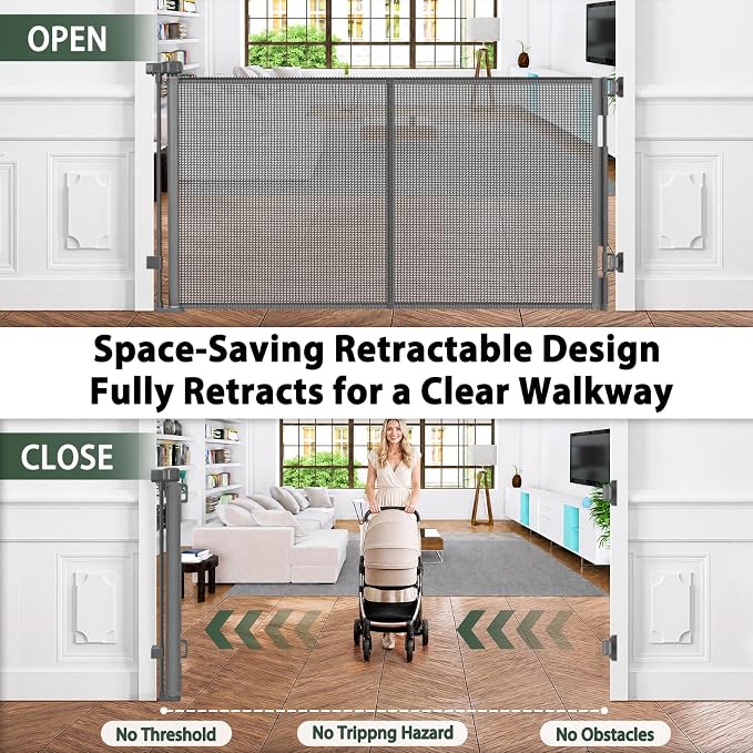 KISKIZ 59 Inch Wide Retractable Gate, Reinforced Retractable Dog Gate with Support Rods to Prevent Crawling Through, 5 FT Retractable Baby Gate for Stairs, Doorways, Hallways, Indoor/Outdoor, Gray