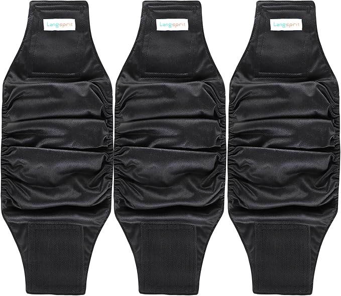 Langsprit Male Belly Bands for Dogs (Pack of 3) - High Absorbing Dog Wraps Male Washable - Reusable Dog Diapers (Black, X-Large)