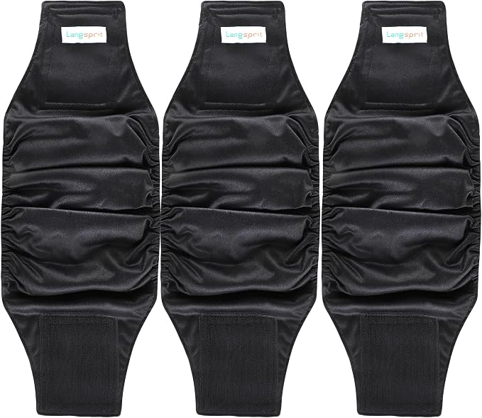 Langsprit Male Belly Bands for Dogs (Pack of 3) - High Absorbing Dog Wraps Male Washable - Reusable Dog Diapers (Black, XX-Large)