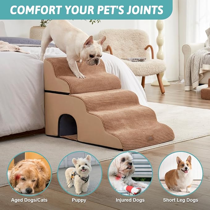 COZY KISS Extra Wide Dog Stairs with Tunnel, Detachable Large Pet Step for Small Medium Dog, Puppy or Cat, Ramp for High Bed, Couch, Sofa or Car, Stable, 19.7x33x22.4 inch, 5 Step, Light Brown