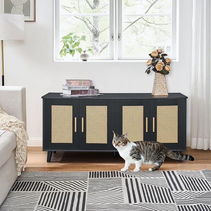 Homhedy Boho Cat Litter Box Enclosure for 2 Cats, Wooden Cat Washroom Furniture with Double Rattan Decorated Doors, Pet House,47.2”L x 19.7”W x 21.7”H, Black and Natural