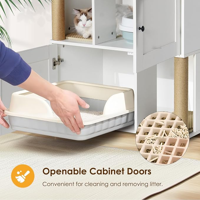 2 Tier Cat Washroom,Modern Farmhouse Double Cat Litter Box Enclosure Furniture,Hidden Cabinet with 2 Scratch Mats & Post, Multi-Functional End Side Table for 2 Cats, Odor-Control Wooden Washroom Cabin