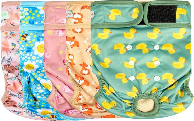 Langsprit Female Dog Diapers for Doggie Puppy,Reusable Dog Period Diapers Female for Heat Peeing,Small Medium Large Doggy Diaper Washable,Dogs Pants 5 Pack, Duck, Small