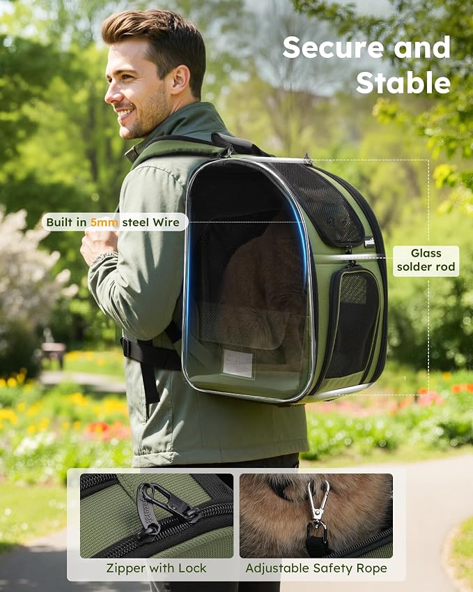 Pecute Expandable Cat Backpack Carrier, Backpack for Cats & Small Dogs Up to 11lbs, with 4-Side Breathable Mesh, Multi-Entry & Lockable Zippers for Travel, Hiking, Camping - Hands Free, Green