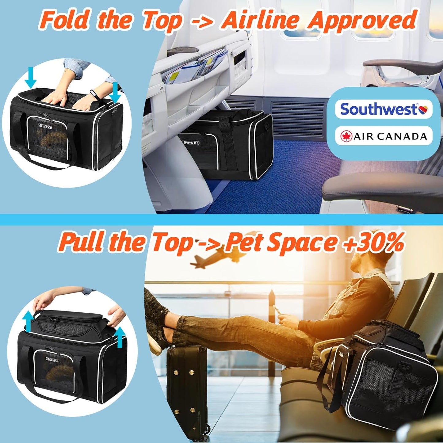 Petskd Top-Expandable Pet Carrier 18x13x9.5 Inches Southwest Airline Approved, Soft-Sided Carrier for Small Cats and Dogs with Locking Safety Zippers and Anti-Scratch Mesh(Black)