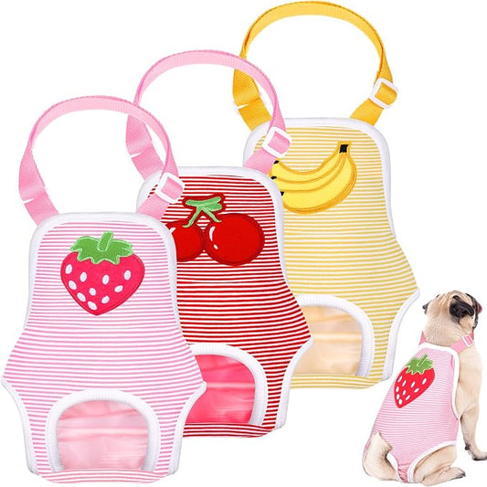 Nuanchu 3 Pcs Female Dog Diaper Sanitary Panties with Adjustable Suspender, Washable Reusable Doggie Diapers for Small Medium Large Dog in Heat Period Menstrual Pet Cats Ducks(Fruit Pattern,M)