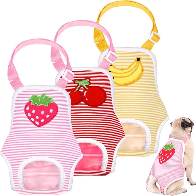 Nuanchu 3 Pcs Female Dog Diaper Sanitary Panties with Adjustable Suspender, Washable Reusable Doggie Diapers for Small Medium Large Dog in Heat Period Menstrual Pet Cats Ducks(Fruit Pattern,S)
