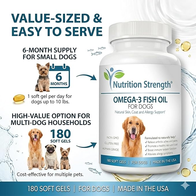 Omega 3 for Dogs - High EPA & DHA Fish Oil Soft Gels - Support for Itchy Skin, Seasonal Allergies, Shedding & Joint Health - Pure Wild Caught Source - 180 Count Value Size