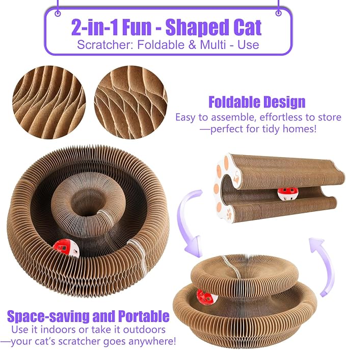 2-Pack Kitty kurls cat Scratcher – Foldable Magic Organ Cat Play Toy with Reversible Corrugated Pads & Bell Ball Interactive Board for Indoor Cats