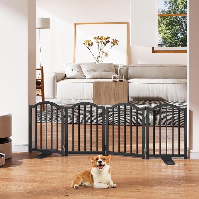 Snughome Short Dog Gate Indoor, 16" High Freestanding Small Dog Door Gate with Support Feet, Expands Up to 48’’ Wide Foldable Pet Gates for Doorway, 4 Panel Folding Pet Door Pet Fence for Puppy, Black