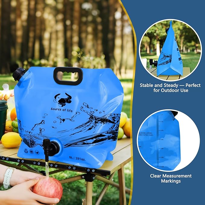 Water Jug Camping 2.1 Gallon Collapsible with Spigot, BPA Free Portable Water Pouch Foldable Water Bags for Outdoor Hiking, Travel and Emergency & Water Storage Containers (Blue-3Pcs)