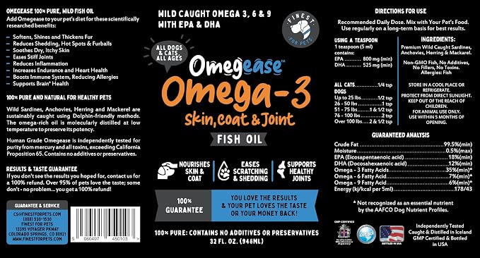 100% Pure Fish Oil for Dogs & Cats (1,545mg Omega 3 per Teaspoon) 32oz. Loaded with EPA & DHA for Joints, Skin & Coat, Itching, Heart & Immune Health. Stronger Than Salmon Oil. Unflavored Omegease.