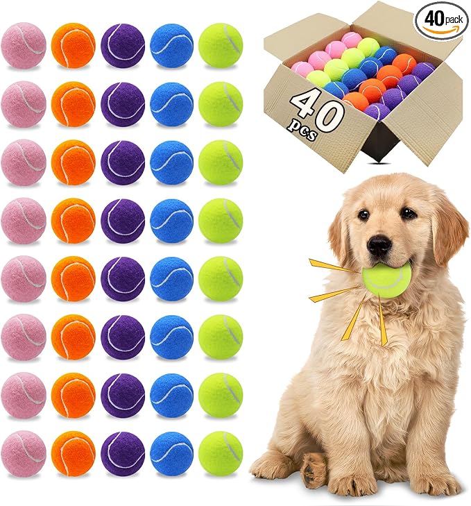 Magicorange Dog Tennis Balls, 40 Pack 2.5 inch Floatable Squeaky Tennis Balls for Fetch Exercise, Natural Rubber Squeaky Dog Balls Training Safe (Multicolor, 40 Pack)