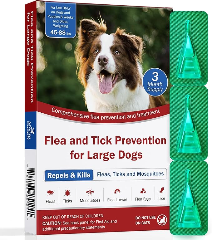 Flea and Tick Prevention for Dogs, Large Dog Flea, Tick & Mosquito Control, Repellent, 44-88lbs, 24-Hour Protect, 3-Month Supply, Flea Supplements for Dogs