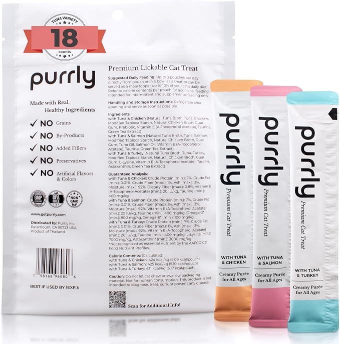 Purrly Cat Treat Snack Wet Lickable Low Calorie Healthy Grain-Free Tuna Variety Packs (18 Count) Squeezable Creamy Purée with Human-Grade Proteins and Functional Nutrients No-Artificial-Additives