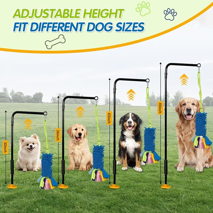 Heavy Duty Dog Spring Pole with Screw-In Ground Anchor & 360° Swivel, Adjustable Height 30-49", Durable Outdoor Tug Toy System with Bungee Squeak Rope for Large & High Energy Dogs Training
