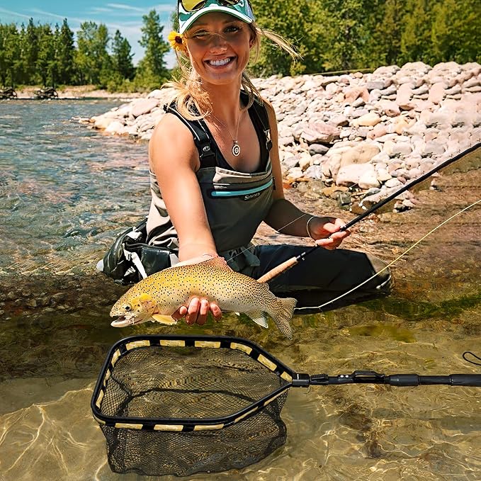 PLUSINNO Floating Fishing Net for Steelhead, Salmon, Fly, Kayak, Catfish, Bass, Trout Fishing, Rubber Coated Foldable Landing Net with Fixed or Telescoping Pole Handle, Fishing Gear and Gifts for Men