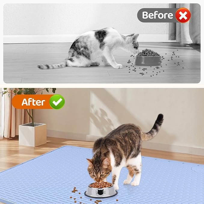Cat Food Mat, 40" x 28" Cat Litter Mat Extra Large Silicone Pet Feeding Mat with Raised Edge Pet Placemat for Food and Water Bowl Non-Slip, Easy to Clean, Floor Protection (Blue)