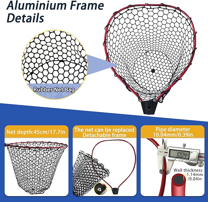 Telescoping Metal Lock Fishing Net with Handle Red Green 64" 52" Rubber Fish Net - Adjustable Length Lightweight Foldable Large Big Collapsible Extendable Fishing Net