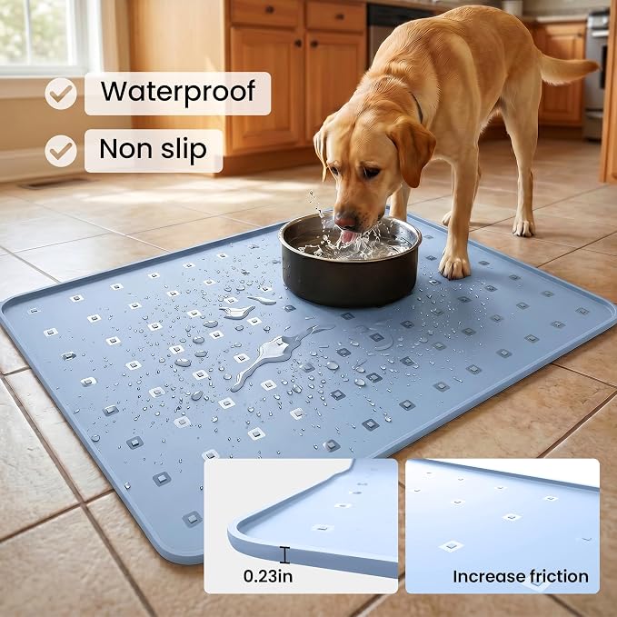 Silicone Pet Feeding Mat, 26x18 Inch Waterproof Dog Bowl Mat – Non-Slip, Machine Washable, Thin 0.28 Inch Edge for Messy Eaters, Protects Hardwood & Tile Floors, Blue