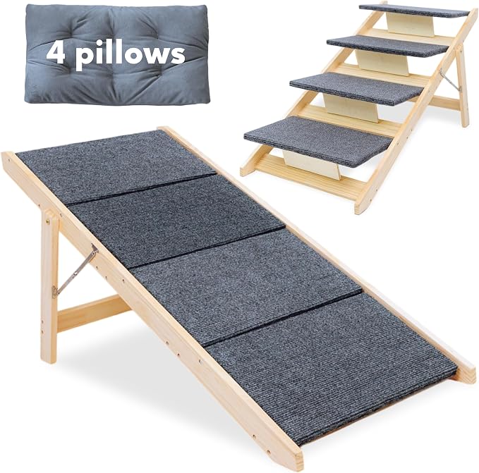 Folding Dog Ramp for Bed and Car - Transforms into Step Dog Stairs for Small, Medium, Large Breeds - Wooden Pet Stairs for Dogs to Get on Bed - Folding Pet Steps for Indoor & Outdoor Use