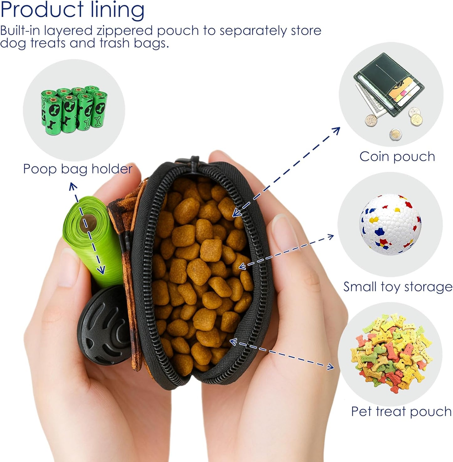 Dog Treat Pouch for Pet Walking and Training with Clicker Poop Bags and Double Bag Design Small Fanny Zipper Pack Holder for Puppy Snack Dispenser Kit for Leash and Outdoor Use Deer Hide Skin
