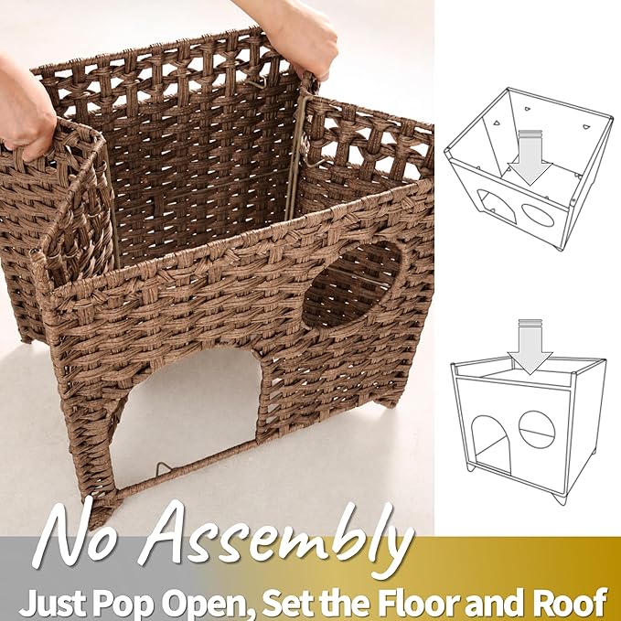 Wicker Cat House for 1-2 Cats Under 20 lb, Medium-Large Indoor Cat Condo No Assembly, Handwoven Rattan-Style Breathable Cat Bed Pet Cube for Living Room Bedroom, Suitable for Summer Use (Brown)