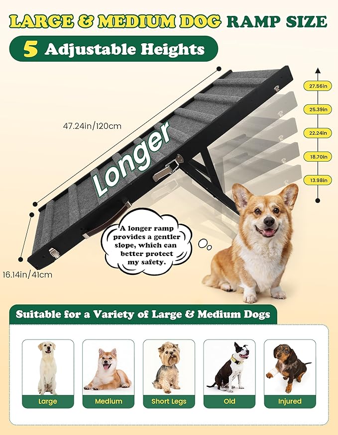 Dog Ramp Dog Stairs for Large Dogs Foldable Dog Ramp with 5 Adjustable Heights from 13.98'' to 27.56" Wood Pet Ramp with Non Slip Carpet Portable Puppy Ramp for Couch, Sofa, Bed, Car (Black)