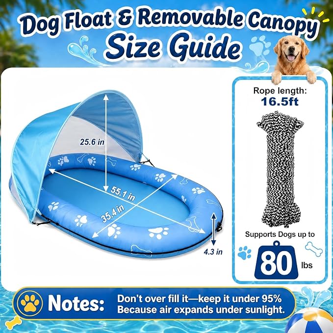 Dog Pool Float with Canopy - Heavy Duty 600D Oxford Anti-Tear Dog Raft, UPF 50+ Removable Sun Shade Inflatable Dog Float for Small, Medium & Large Dogs, Water Summer Toy for Lake & Pool, 55" x 35"