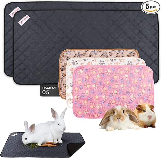 LUFTPETS Reusable Guinea Pig Cage Liners 5 Pcs - 2 Washable Midwest Pee Pads 47"x24" & 3 Soft Bunny Fleece Blankets 24"x16", Waterproof Rabbit Bedding with Odor Control, Absorbent Small Pet Mats