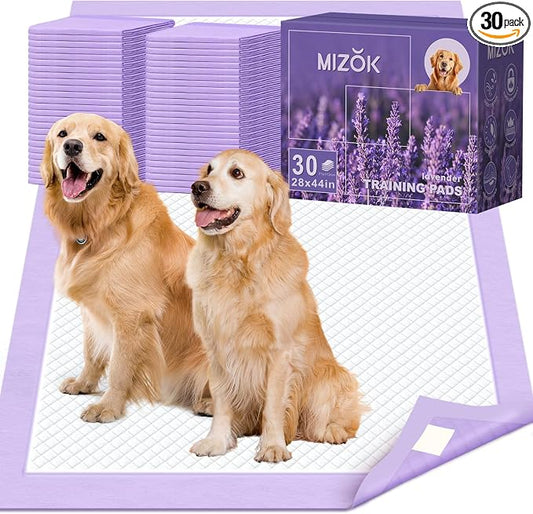 MIZOK Dog Pads Extra Large 28x44in, XXL Potty Pads for Dogs, Keeps Fresh & Clean, Ultra Absorbent Up to 12 Cups, 6 Layers Leak-Proof, Purple Lavender Color (30 Counts)