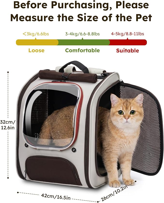 Pecute Cat Backpack Carrier,Large Space Cat Bubble Backpack,Ergonomic,Khaki | Color Blocking,Sunshade curtain,Folding bowl,Transparent window,Sturdy,Large mesh on both sides for breathability