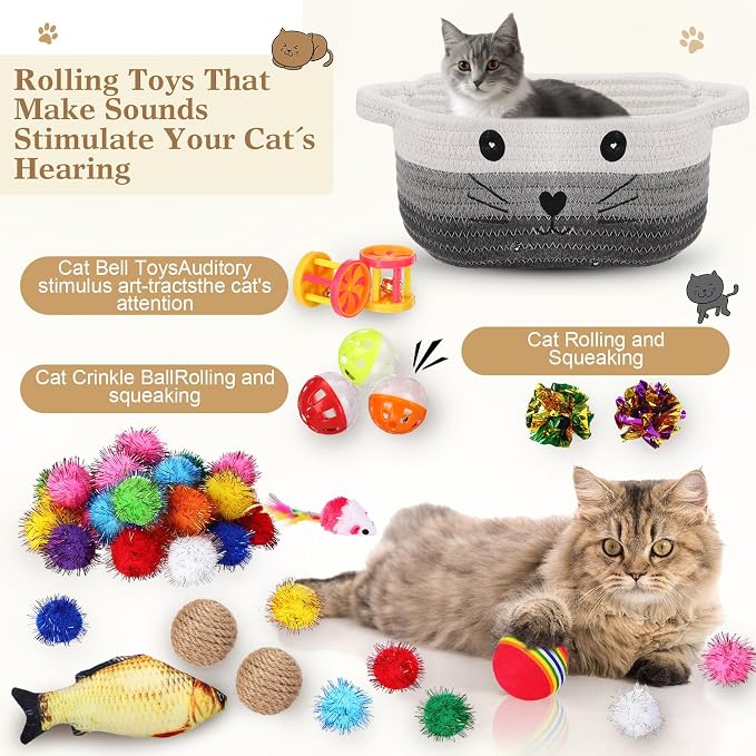 Zopeal 58 Pcs Summer Graduation Cat Storage Basket Gift Toys Set, Colorful Flashing Balls Pet Bell Crinkle Balls Spring Toys Attract Cat to Swat, Hunt, Interactive for Pet(Multicolor,12 Inch)