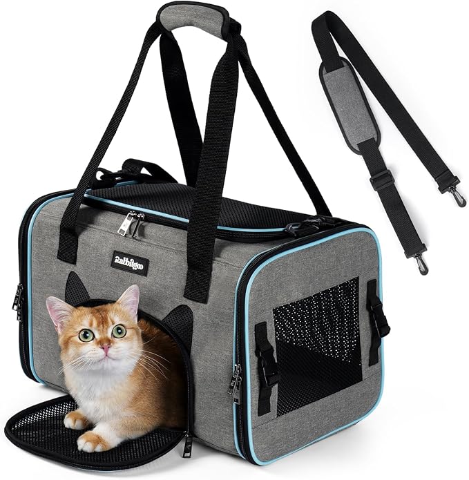 rabbitgoo Cat Carrier Soft Sided, Stable Portable Pet Carrier with Safety Buckles for Car Travel Vet Visit Airline, Comfortable Breathable Kitten Bag for Small Medium Cat, Grey, 17x11x11 inch