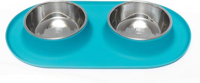 Messy Mutts Double Silicone Feeder with Stainless Bowls | Non-Skid Food Dishes for Dogs for All Pets | Dog Food Bowls | Medium, 1.5 Cups Per Bowl | Blue