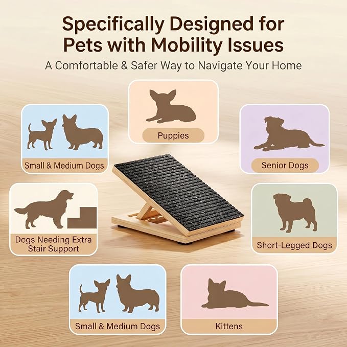 Dog Ramp for Stairs, 6 Pack Foldable Anti-Slip Stair Ramp for Small Dogs, Wooden Pet Steps for Senior, Adjustable Low-Angle Dog Stair