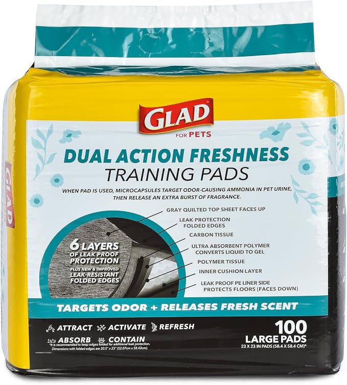 Glad for Pets Dual Action Freshness Activated Carbon Puppy Pads, Fragrance Release, Scented Odor Control, 6-Layer Leak-Proof, Pheromone Attractant, 23 x 23 Inch, 100 Count
