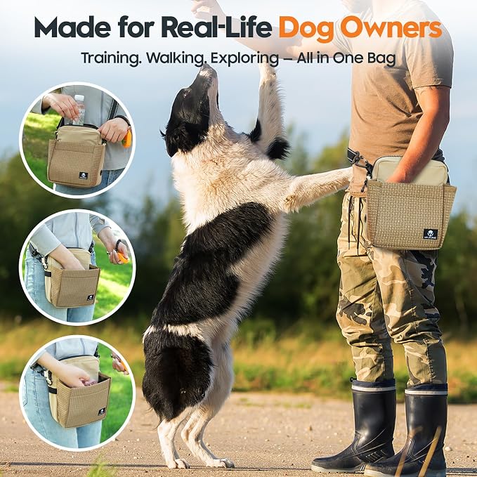 Dog Training Treat Pouch, Magnetic Fanny Pack for Walking, Crossbody Dog Walking Bag with Poop Bag Dispenser, Clicker & Collapsible Bowl - Khaki