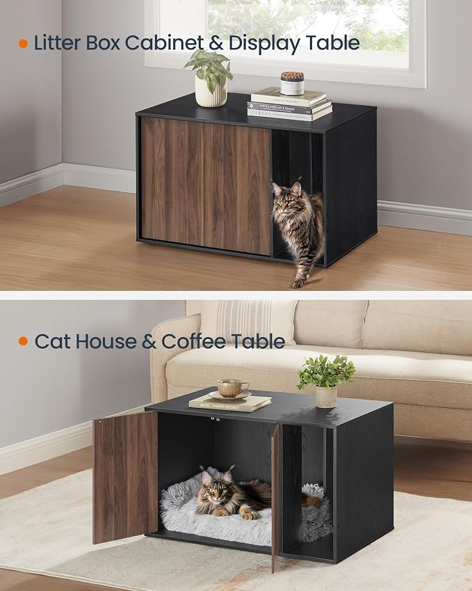 SONGMICS HOME Cat Litter Box Enclosure, Snapsemble Superfast Assembly, Litter Box Furniture for Large Cats, Display Side Table, Push-to-Open Doors, Ebony Black and Somber Walnut UPCL013BE01S