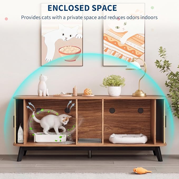 Garvee Cat Litter Box Enclosure for 2 Cats, 59" Hidden Litter Boxes Furniture with Sliding Door and Cat Litter Mat, Large Indoor Pet House, Wooden TV Stand Side Table, Walnut