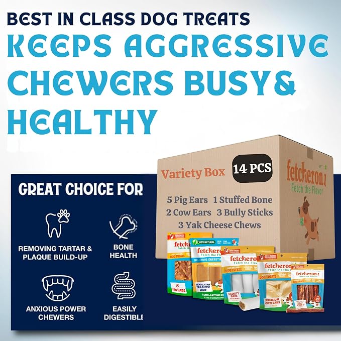 Dog Treat Variety Box - Variety Box Consists of 5 Pig Ears, 3 Yak Cheese Chews, 3 Bully Sticks, 2 Cow Ears, and 1 Dog Bone - Long Last Dog Chew Treats - All Treats are 100% Natural