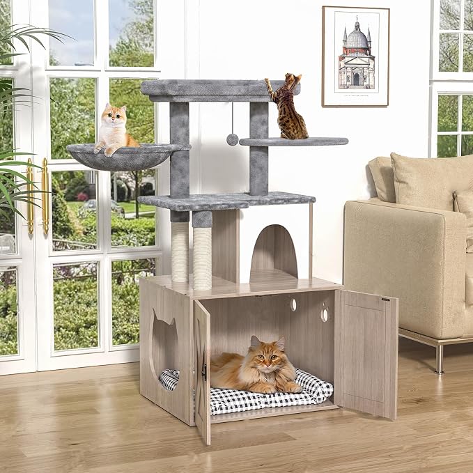 HavenlyYouth Litter Box Enclosure with Cat Tree,Cat Tree with Litter Box Enclosure,Hidden Pet Washroom Furniture with Sisal Scratching Post,Hammocks,Condo,Multiple Platform,Soft Plush Perch, Grey