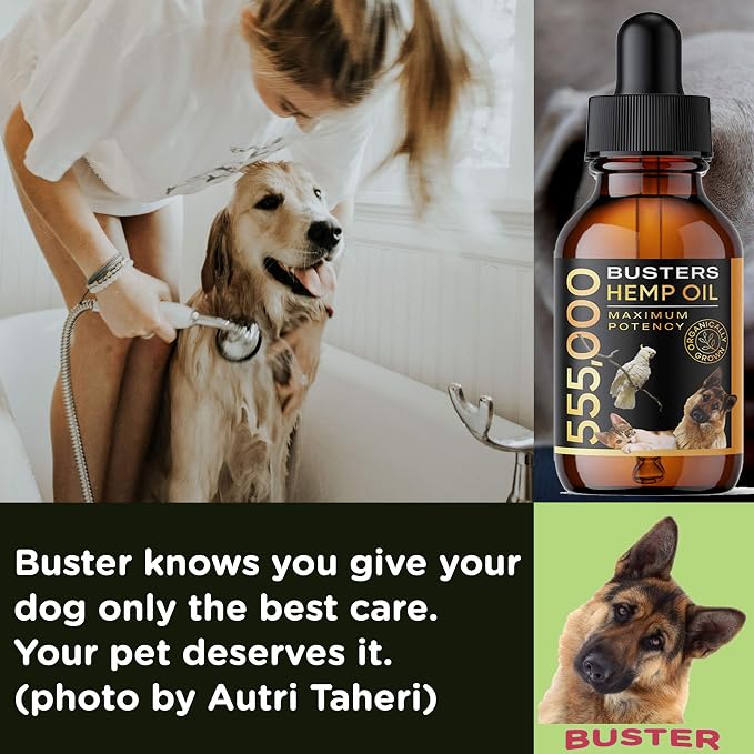Buster's Organic Hemp Oil for Dogs and Cats, Economy 4PACK-8MTH-Supply, Large 60ml Bottle, Made in USA - Miracle Formula, Perfectly Balanced Omega 3, 6, 9 - Supports Joints