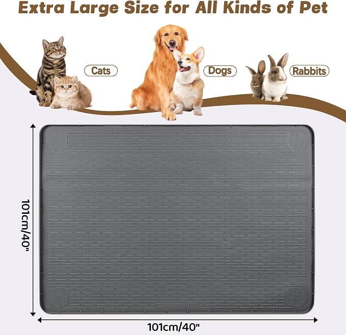 Cat Food Mat, 40" x 40" Extra Large Silicone Pet Feeding Mat with Raised Edge Pet Placemat for Food and Water Bowl Non-Slip, Easy to Clean, Floor Protection (Dark Grey)
