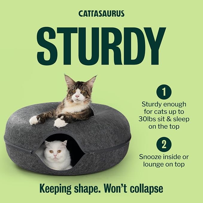 Cattasaurus Peekaboo Cat Cave Duo Jumbo Set, Extra Spacious Cat Donut for Multiple & Large Kitty 15+ lbs, Scratch Detachable Cat Beds for Indoor Cats, Washable Cat Tunnel Bed, Best Kitten Toys