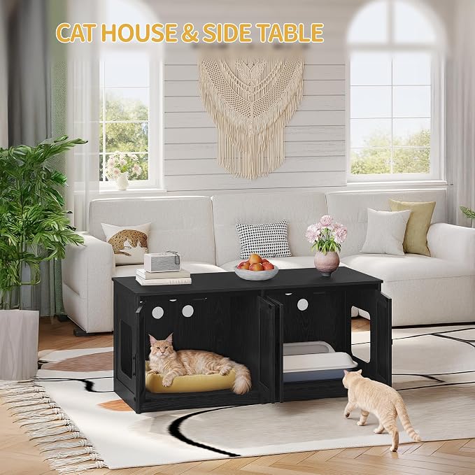 Hzuaneri Cat Litter Box Enclosure for 2 Cats, Hidden Litter Box Furniture Cabinet with Double Room, Indoor Cat House, Farmhouse Style, 46.7 x 18.9 x 21.1 Inches, Black CB85304X